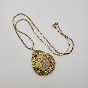 Vintage Victorian-style 14K Gold Filled Necklace Porcelain Flowers & Faux Pearls